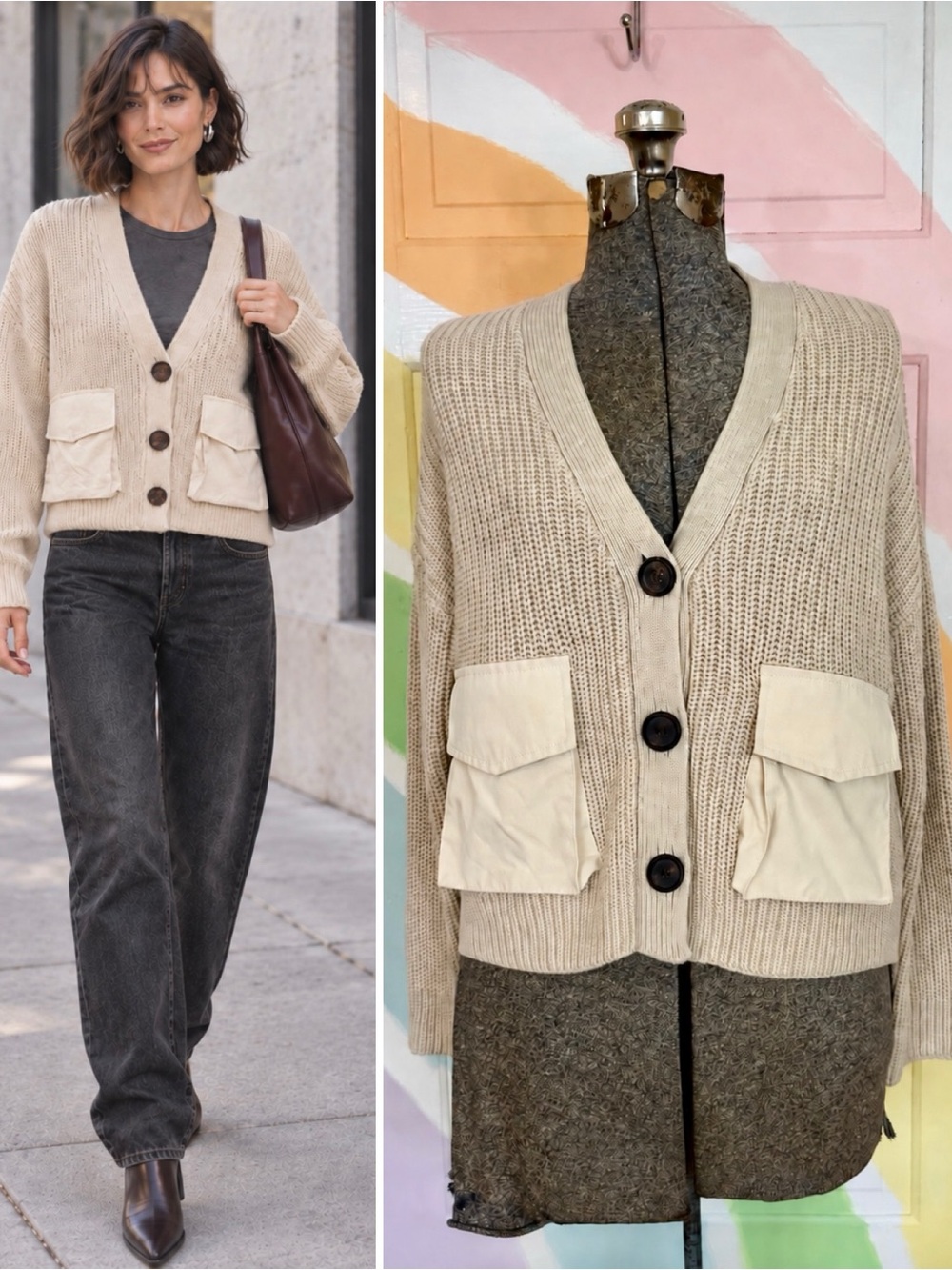 English Factory Cream Chunky Knit Utility Pocket V-Neck Cardigan XS 💛🍄